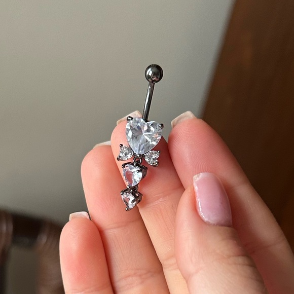 CZ stainless steel multi-heart dangle gunmetal belly ring - Picture 1 of 6